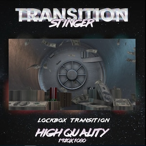 Puede incluir: Un efecto de transición de animación digital con una caja fuerte y pilas de dinero. El texto "LOCKBOX TRANSITION" y "HIGH QUALITY 1920x1080" se muestra en la imagen.