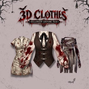 Puede incluir: Una colección digital titulada 3D CLOTHES + HALLOWEEN COSTUME PACK + que presenta tres prendas: un vestido de enfermera blanco manchado de sangre, un chaleco marrón sobre camisa blanca con pajarita negra y botones de murciélago, y un vestido momia.