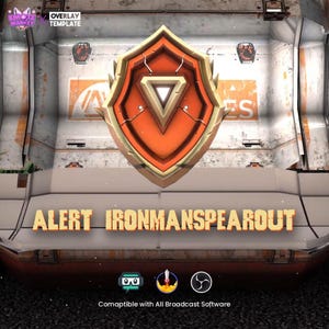 May include: An orange and gold shield with a white triangle inside. The shield is surrounded by flames. The text "ALERT IRONMANSPEAROUT" is below the shield. The text "Compatible with All Broadcast Software" is below the text.