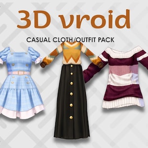May include: A 3D rendering of a casual outfit pack. The pack includes a light blue dress with a pink belt, a long black skirt with a yellow and brown sweater, and a burgundy and white striped sweater.