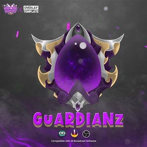 May include: Purple and gold overlay template featuring a glowing purple gem in the centre and the text "GUARDIANZ" below. Compatible with all broadcast software.