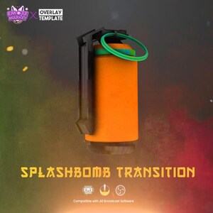May include: An orange splashbomb transition graphic with a green ring and black accents. The text "SPLASHBOMB TRANSITION" is displayed in yellow, along with icons and the text "Compatible with All Broadcast Software".