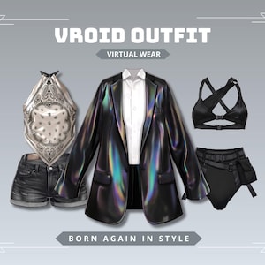 Pode incluir: Uma ilustração digital de um conjunto VROID OUTFIT VIRTUAL WEAR com um top bandana branco com padrão paisley, calções de ganga pretos, uma camisa branca com colarinho, um blazer preto iridescente, um bralette preto com alças e calções táticos pretos com bolsa.