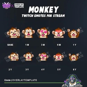 May include: A dark background displays a collection of monkey-themed Twitch emotes. The emotes feature various expressions, including hearts for eyes and angry faces. Text includes "MONKEY" and "TWITCH EMOTES FOR STREAM."