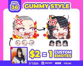 May include: A digital illustration of a cartoon character with a red angry face and a fiery background. The illustration is labeled "Gummy Style" and includes the text "NO 36". The image also shows three variations of the character with different expressions. The text "$2 = 1 CUSTOM EMOTES" is displayed below the illustrations. The image also includes logos for Twitch, Discord, Kick, and Mixer.