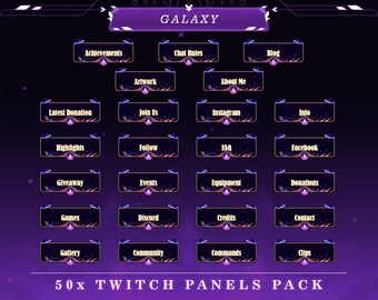 Galaxy Twitch Panels: Cosmic Stream Overlay Graphics (50+ PNG)
