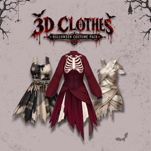 Pode incluir: Um conjunto 3D CLOTHES HALLOWEEN COSTUME PACK com três trajes: um vestido de retalhos preto e branco com detalhes costurados, um vestido vermelho escuro de manga comprida com estampa de caixa torácica branca e um vestido estilo múmia bege.