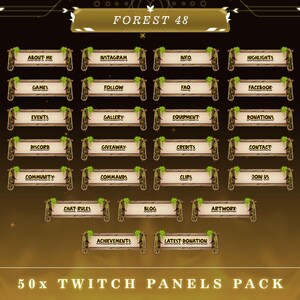 Puede incluir: Un conjunto de 50 paneles de Twitch con un tema de bosque. Los paneles son marrones con enredaderas y hojas verdes. El texto en los paneles incluye "Acerca de mí", "Instagram", "Información", "Aspectos destacados", "Juegos", "Seguir", "Preguntas frecuentes", "Facebook", "Eventos", "Galería", "Equipo", "Donaciones", "Discord", "Sorteo", "Créditos", "Contacto", "Comunidad", "Comandos", "Clips", "Únete a nosotros", "Normas de chat", "Blog", "Obras de arte", "Logros", "Última donación".