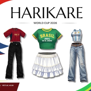 May include: Three outfits labeled HARIKARE WORLD CUP 2026. The first is a red V-neck shirt with black pants. The second is a green Brasil 2026 Rio de Janeiro crop top with a white tiered skirt. The third is an Argentina tank top with blue jeans.