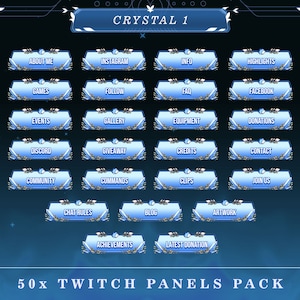 May include: A set of 50 blue and silver Twitch panels with various text labels, including "About Me", "Instagram", "Info", "Highlights", "Games", "Follow", "FAQ", "Facebook", "Events", "Gallery", "Equipment", "Donations", "Discord", "Giveaway", "Credits", "Contact", "Community", "Commands", "Clips", "Join Us", "Chat Rules", "Blog", "Artwork", "Achievements", "Latest Donation", and "Crystal 1".