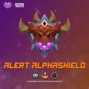 May include: A purple and blue shield with a red and gold horned creature in the centre. The shield has three purple glowing orbs. The text "ALERT ALPHASHIELD" is below the shield. The text "Compatible with All Broadcast Software" is below the text.