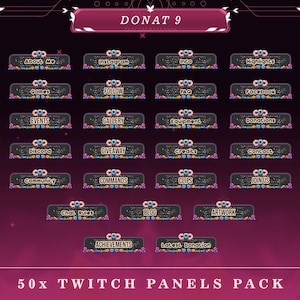 Peut inclure: Un ensemble de 50 panneaux Twitch avec un fond rose et noir. Les panneaux sont décorés de donuts colorés et de confettis. Le texte "DONAT 9" est en haut de l'image. Les panneaux incluent des titres tels que "À propos de moi", "Jeux", "Événements", "Discord", "Communauté", "Règles du chat", "Réalisations", "Dernier don", "Instagram", "Suivre", "Galerie", "Cadeau", "Commandes", "Blog", "Œuvres d'art", "Info", "Points forts", "FAQ", "Facebook", "Équipement", "Dons", "Crédits", "Clips", "Rejoignez-nous" et "Contact".
