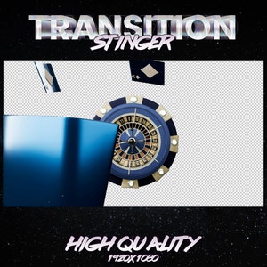 May include: A blue and gold roulette wheel with a black pointer and white numbers. The roulette wheel is on a transparent background with a blue box and playing cards in the background. The text "TRANSITION STINGER" is at the top of the image and the text "HIGH QUALITY 1920X1080" is at the bottom of the image.