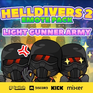 May include: A set of Helldivers 2 emotes featuring a light gunner army character in various poses. The emotes include a character with a question mark, a character with sunglasses, a character with a heart, a character with a thumbs up, a character with a thumbs down, a character with a RIP sign, a character with a confetti explosion, a character with a sparkle effect, a character with an angry face, and a character with a sparkle effect. The emotes are designed for use on Twitch, Discord, and Kick.