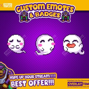 May include: A purple background with the text "CUSTOM EMOTES & BADGES" in yellow. Three white pixelated ghost emotes with different expressions are displayed. The image also includes text that says "HYPE UP YOUR STREAM!!! BEST OFFER!!!" and "OVERLAY TEMPLATE".