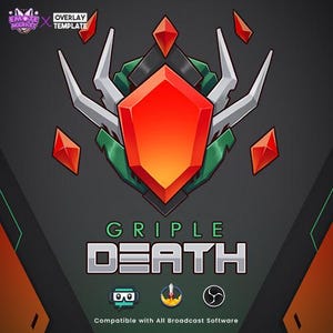 Puede incluir: Una plantilla de superposición roja y verde para streaming con el texto "GRIPLE DEATH" y las palabras "Compatible con todo el software de transmisión".