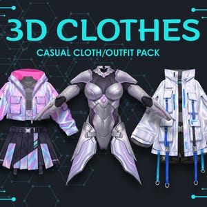 Puede incluir: Una colección digital titulada 3D CLOTHES CASUAL CLOTH/OUTFIT PACK que presenta tres prendas distintas: una chaqueta corta holográfica rosa y morada con falda plisada, un body blindado de color plata metálico y una chaqueta utilitaria blanca iridiscente.