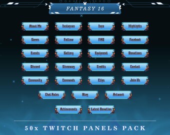 May include: A set of 50 blue and white Twitch panels with fantasy-themed designs. The panels feature text such as "About Me", "Games", "Events", "Discord", "Community", "Chat Rules", "Achievements", "Latest Donation", "Instagram", "Follow", "Gallery", "Giveaway", "Credits", "Commands", "Blog", "Artwork", "Join Us", "Info", "Highlights", "FAQ", "Facebook", "Equipment", "Donations", "Contact", "Clips".