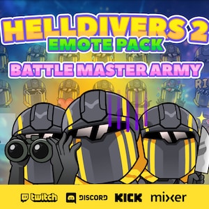 May include: Helldivers 2 Emote Pack: Battle Master Army. A set of 20 animated Twitch emotes featuring a cartoon character wearing a black and yellow helmet and armor. The emotes depict various expressions and actions, including a question mark, sunglasses, a heart, a party hat, a thumbs up, a thumbs down, a knife, a pair of binoculars, and a RIP sign.