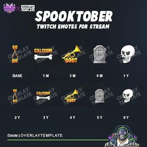 May include: A set of 10 Twitch emotes for streaming, featuring spooky Halloween-themed designs. The emotes include a noose, a bone, a trumpet, a tombstone, a skull, and a gorilla. The emotes are labeled with their cost in months and years.
