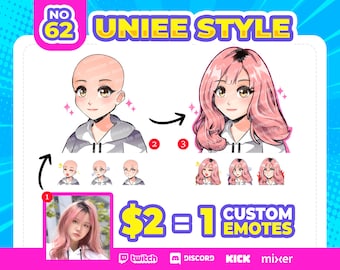 Op de afbeelding: Een digitale illustratie van een cartoonfiguur met roze haar en een wit shirt. De illustratie is gelabeld "UNIEE STYLE" en toont het personage in verschillende poses. De tekst "$2=1 CUSTOM EMOTES" is ook in de afbeelding opgenomen.