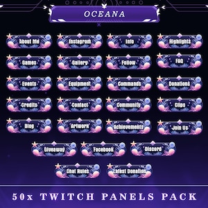 Pode incluir: Um conjunto de 50 painéis Twitch com tema oceânico. Os painéis são roxos, azuis e rosa com uma variedade de gráficos com tema marinho, incluindo conchas, estrelas do mar e algas marinhas. Os painéis são etiquetados com texto como "Sobre mim", "Instagram", "Informações", "Destaques", "Jogos", "Galeria", "Seguir", "FAQ", "Eventos", "Equipamento", "Comandos", "Doações", "Créditos", "Contato", "Comunidade", "Clipes", "Blog", "Obras de arte", "Conquistas", "Junte-se a nós", "Sorteio", "Facebook", "Discord", "Regras de bate-papo" e "Última doação".