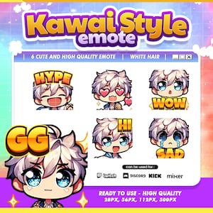 Twitch Emote Kawaii Chibi White Hair Boy Pack for Unique Anime-Inspired Character Streamers