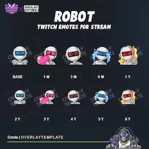 May include: A set of nine robot Twitch emotes for streaming. The emotes are white with different colored accents, including red, blue, and pink. The emotes show a robot with different expressions, including happy, sad, and angry.