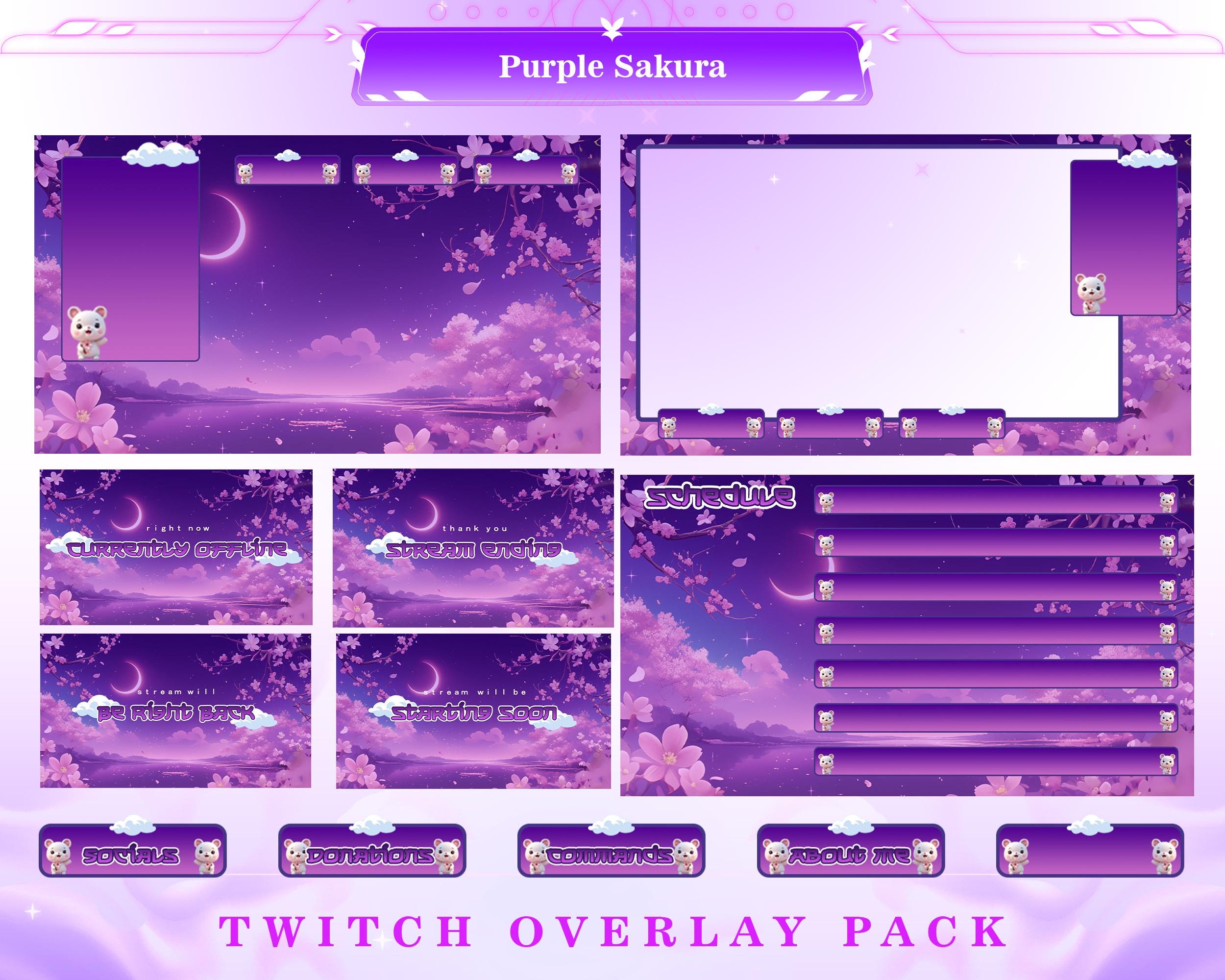 Twitch Overlay Pack Starlit Sakura Blossoms Theme for Streaming - Panels, Stream Overlays, Animated screens