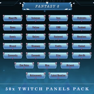 Puede incluir: Un conjunto de 50 paneles de Twitch azules y blancos con varias etiquetas de texto, que incluyen "Acerca de mí", "Instagram", "Información", "Aspectos destacados", "Juegos", "Seguir", "Preguntas frecuentes", "Facebook", "Eventos", "Galería", "Equipo", "Donaciones", "Discord", "Sorteo", "Créditos", "Contacto", "Comunidad", "Comandos", "Clips", "Únete a nosotros", "Reglas del chat", "Blog", "Obra de arte", "Logros" y "Última donación". Los paneles están dispuestos en una cuadrícula y tienen un diseño futurista y de fantasía.