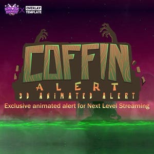 May include: A 3D animated alert overlay for streaming, featuring a green and brown coffin with the text "COFFIN ALERT" and the words "3D ANIMATED ALERT" below. The background is a dark purple with green water and fog.