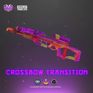 Puede incluir: Una colorida superposición de transición de ballesta con un diseño vibrante en tonos de rosa, naranja, amarillo y morado. El texto "CROSSBOW TRANSITION" se muestra en una fuente rosa brillante. Compatible con todo el software de transmisión.