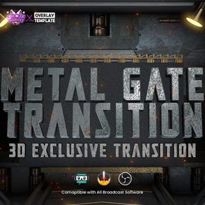 以下が含まれることがあります： 金属製のゲートが開閉する3Dアニメーションのトランジションエフェクト。テキスト「METAL GATE TRANSITION」は太字の金属製フォントで表示されます。テキスト「3D EXCLUSIVE TRANSITION」はメインテキストの下に表示されます。画像には、After Effects、Premiere Pro、Final Cut Proのアイコンも含まれています。