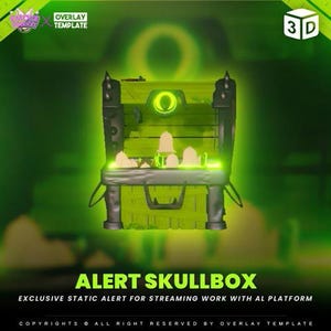 Peut inclure: Un coffre au trésor en forme de crâne 3D vert et noir avec un œil vert brillant et des cloches. Le texte "ALERT SKULLBOX" est sous le coffre. Le texte "EXCLUSIVE STATIC ALERT FOR STREAMING WORK WITH AL PLATFORM" est sous le texte "ALERT SKULLBOX". Le texte "COPYRIGHTS ALL RIGHT RESERVED BY OVERLAY TEMPLATE" est en bas de l'image.