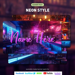 May include: Neon sign banner template with the text "Name Here" in pink script font. The banner features a retro-style bar interior with neon lights and a bar counter. The banner is available for use on social media platforms like Facebook, Twitter, YouTube, Twitch, and Kick.