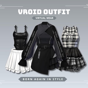 May include: A digital collection of three outfits labeled VROID OUTFIT and VIRTUAL WEAR. The set includes a black corset with a white pleated skirt, a black long-sleeved top with a matching skirt, and a black and white plaid dress with a bow.