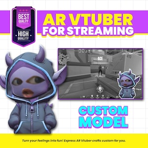 May include: A promotional graphic for AR VTuber streaming services. The design features a purple cartoon character with horns and a hoodie, alongside a gaming screen. Text includes "AR VTUBER FOR STREAMING", "CUSTOM MODEL", and "BEST QUALITY".