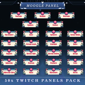 Pode incluir: Um conjunto de 50 painéis Twitch com um design pixelado que apresenta um orbe rosa e acentos florais. Os painéis são etiquetados com vários temas, como "YouTube", "Lista de desejos", "Bem-vindo", "Principais doadores", "Loja", "Patrocinadores", "Mídias sociais", "Dicas", "Metas de transmissão", "Cronograma", "Regras", "Suporte", "Inscrições recentes", "Seguimento recente", "Resumo", "Inscrever-se", "Patreon", "Parceiros", "Notícias", "Inscrever-se aqui", "Música", "Marcos" e "Mercadorias".