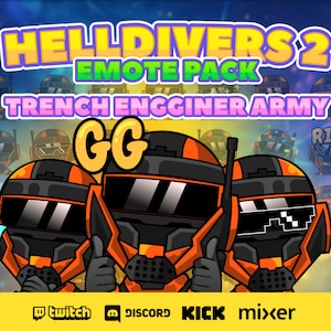 May include: A set of Helldivers 2 emotes featuring a group of orange and black space soldiers with different expressions. The emotes are labelled "GG", "RIP", and "?" and are available for Twitch, Discord, Kick, and Mixer.