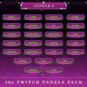 May include: A set of 50 Twitch panels with a jungle theme. The panels are purple with green accents and feature text such as "YouTube", "Wishlist", "Welcome", "Updates", "Twitter", "Top Donors", "Tips", "Support", "Subscribe", "Subscribe Here", "Stream Goals", "Store", "Sponsors", "Social Media", "Schedule", "Rules", "Recent Subs", "Recent Follow", "Recap", "Partners", "Milestones", "News", "Merch", "Music", and "Patreon".