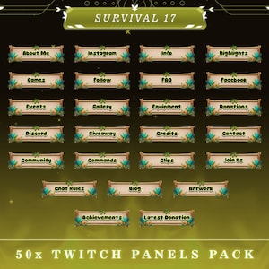 Puede incluir: Un conjunto de 50 paneles de Twitch con un tema de jungla. Los paneles son marrones con hojas verdes y presentan texto como "Acerca de mí", "Juegos", "Eventos", "Discord", "Comunidad", "Reglas de chat", "Logros", "Instagram", "Seguir", "Preguntas frecuentes", "Facebook", "Galería", "Equipo", "Donaciones", "Sorteo", "Créditos", "Contacto", "Comandos", "Blog", "Clips", "Obras de arte", "Únete a nosotros" y "Última donación".