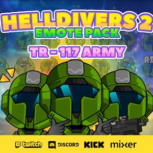 Könnte beinhalten: Ein Set von Helldivers 2 Twitch-Emojis mit einem grünen und blauen Weltraum-Soldaten mit verschiedenen Gesichtsausdrücken. Die Emojis sind Teil des TR-117 Army-Emoji-Pakets. Die Emojis sind für Twitch, Discord und Kick verfügbar.