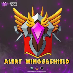 May include: Alert Wings & Shield overlay template for streaming. The template features a shield with wings and a pink gem in the centre. The template is compatible with all broadcast software.