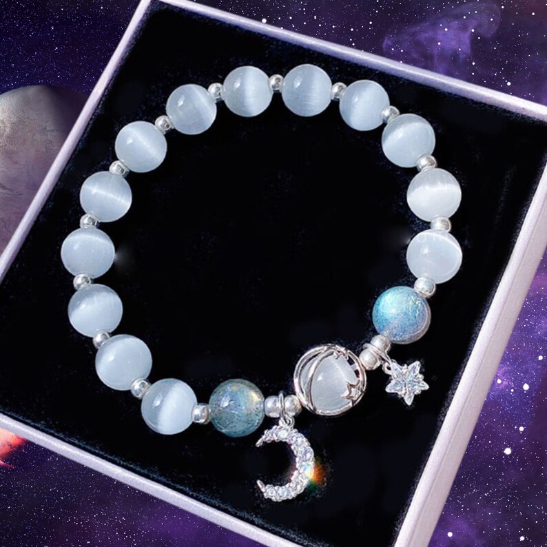 Blue Purple Moonstone Bracelet, Moon&star Crystal Bead Bracelet, Moon