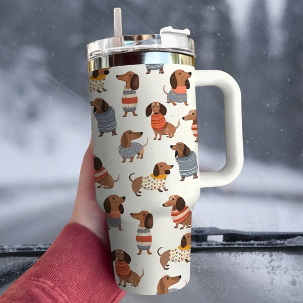 40 oz Dachshund Tumbler, Cute Dog Cup, Cute Dog Tumbler 40oz With Handle, Dog Lover Tumbler, Dachshund Tumbler 40oz, Stainless Steel Tumbler