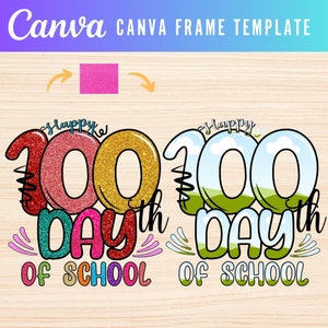 May include: Two colorful graphic designs for a 100th day of school celebration. The first design features a glittery, multi-colored "100" with the words "Happy 100th Day of School". The second design features a blue sky with clouds and green hills, with the words "Happy 100th Day of School".