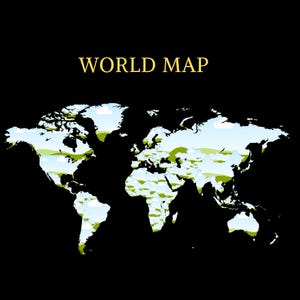 May include: A stylized world map illustration with continents in white, filled with green and blue details, set against a black background. The words "WORLD MAP" are in gold at the top.