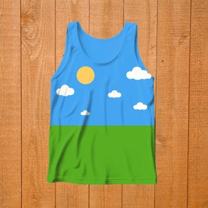 May include: A blue tank top with a sunny sky design. The top features a blue sky with a yellow sun and white clouds above a green field. The sleeveless shirt is made of a soft material.