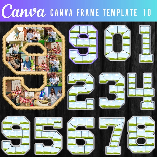 Editable Canva template for a numbered photo collage frame: 0-9, Faux Embroidery Applique Patch & Numbers, DIY Color in Canva , Duotone