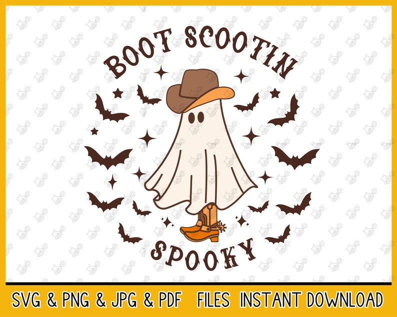 Op de afbeelding: Een Halloween-afbeelding met een spook met een cowboyhoed en -laarzen, met de tekst "Boot Scootin' Spooky". Het ontwerp bevat vleermuizen en sterren, perfect voor Halloween.